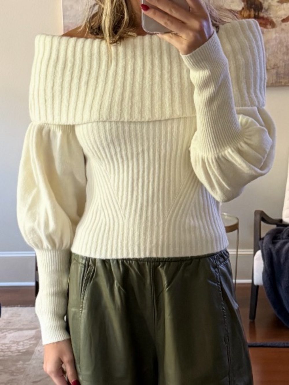 Anthropologie Cream Off-Shoulder Ribbed Balloon-Sleeve Sweater
